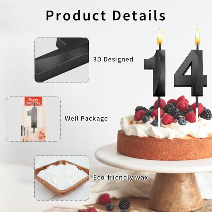 14 Candle for Boy 14 Birthday Candle Black Candles 14 Candles for Cakes Happy 14th Birthday Decorations for Girls Black Birthday Decorations 14th Birthday Cake Topper