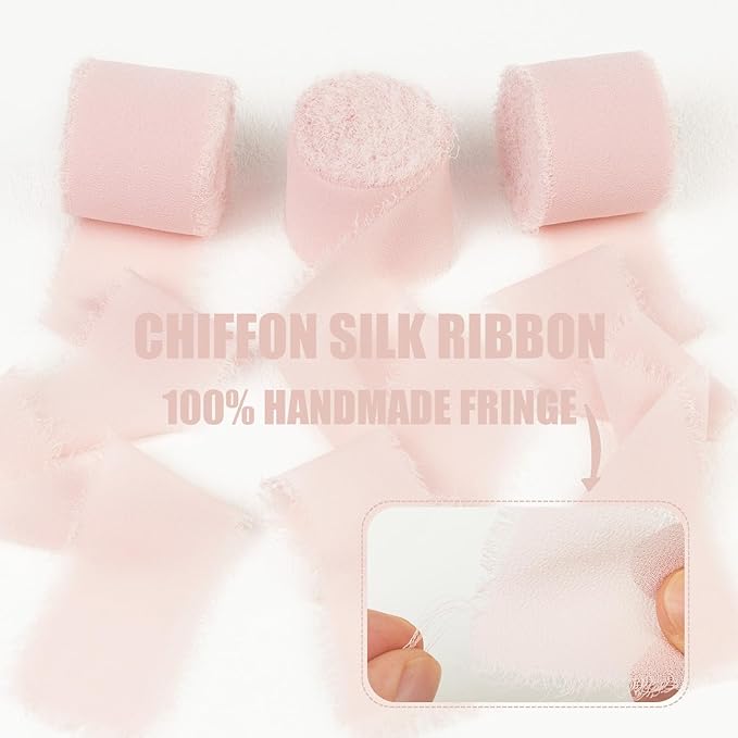 Blush Pink Chiffon Ribbon - 1-1/2 Inch x 21 Yards, Handmade Fringe, Boho Frayed, Pale Pink for Gift Wrapping, Wedding Invitation, Bridal Flower Bouquets