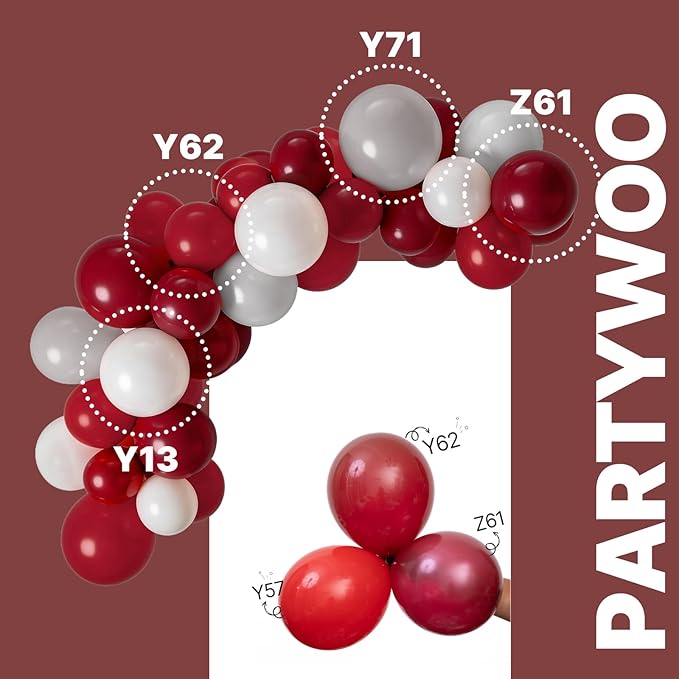 PartyWoo Burgundy White and Gray Balloons 66pcs 12 Inch Burgundy Maroon White Grey Balloons for Graduation Baby Shower Birthday New Year's Eve Anniversary Bachelorette Retirement Party Decorations