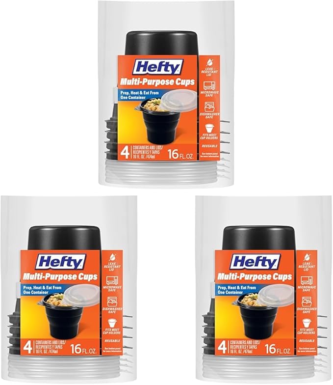 Hefty Multi-Purpose Cups, Reusable Containers with Lids, 16 Ounce Capacity, 4 Count (Pack of 3)