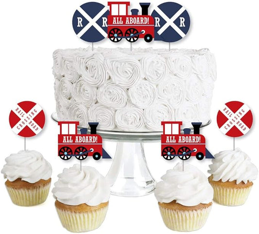 Big Dot of Happiness Railroad Party Crossing - Dessert Cupcake Toppers - Steam Train Birthday Party or Baby Shower Clear Treat Picks - Set of 24