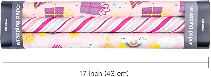 WRAPAHOLIC Birthday Wrapping Paper Roll - Mini Roll - 3 Rolls - 17 Inch X 120 Inch Per Roll - Pink Rainbow, Birthday Gift Boxes, Stripes for Kid's Birthday, Baby Shower