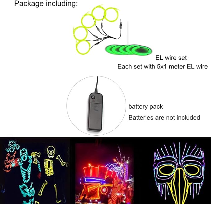 Neon Light 5-in-1 Meter Wire,Portable Battery Pack with Decorative Wire, Suitable for Birthday Parties, Thanksgiving, and Other Occasions (Lime Green)