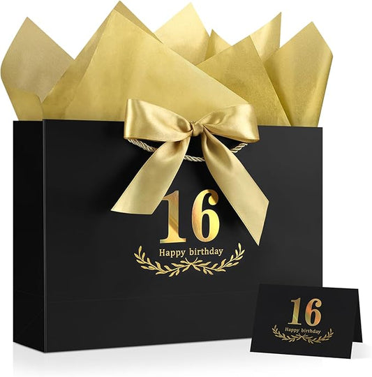 JMANNI Black Gold 16th Birthday Gift Bag with Card and Tissue Paper, 14.2"×9.84"×4.3" Large Present Bag for Teens, 16 Year Old Birthday Keepsake Party Supplies