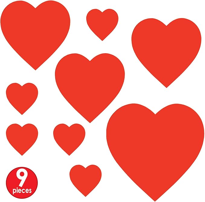 Beistle Printed Heart Cutouts – 9 Red Heart Cardstock Decorations in 3 Sizes for Valentine’s Day Displays, Wedding Celebrations, Romantic Events, Wall and Window Décor, 4”, 8.5”, 12”