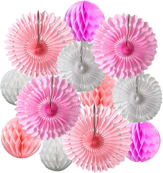12pcs 6'' 8'' Honeycomb Balls Tissue Paper Fans Party Honeycomb Ball Fans Decorations Tissue Pom Poms Flower Balls Hanging Paper Fans for Party Baby Shower Birthday Wedding Nursery(White Pink kit)