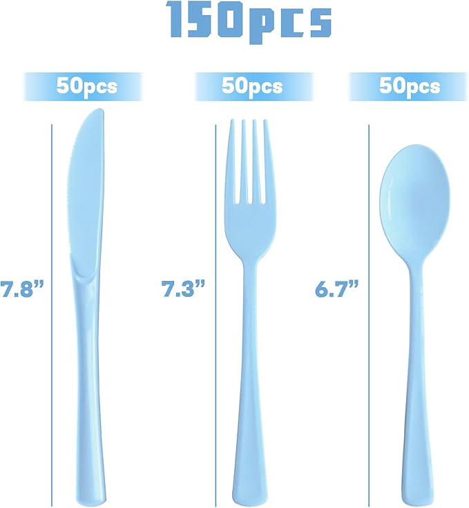 150 Pack Blue Plastic Silverware, Light Blue Plastic Utensils Heavy Duty, 50 Forks, 50 Knives, 50 Spoons for Birthday Wedding Baby Shower Boy