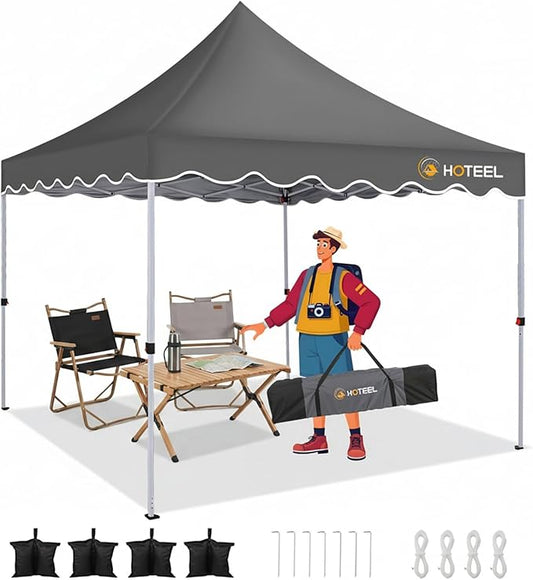 Hoteel 10x10 Pop Up Canopy Tent | One Person Setup Outdoor Shade, UPF 50+ and Waterproof, 210D Oxford Top, 3 Heights Adjustable, 600D Carry Bag for Beach, Events, Commercial Use (Gray)