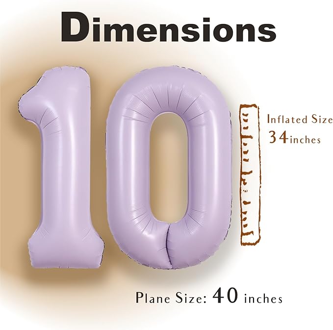 SUWEN 40 Inch Light Purple Large 10 Balloon Number Big Foil Helium Lavender Number Balloons Huge Mylar 0-9 Giant Jumbo Happy 10th Birthday Party Anniversary Decorations