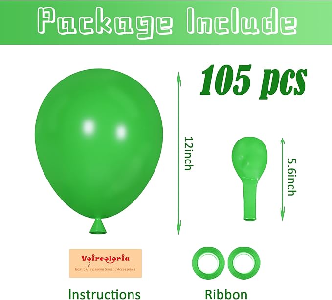 Voircoloria 105pcs Green Balloons 12inch Party Latex Balloons for Birthday Dinosaur Baby Shower St. Patrick's Day Summer Jungle Forest Safari Party Decorations