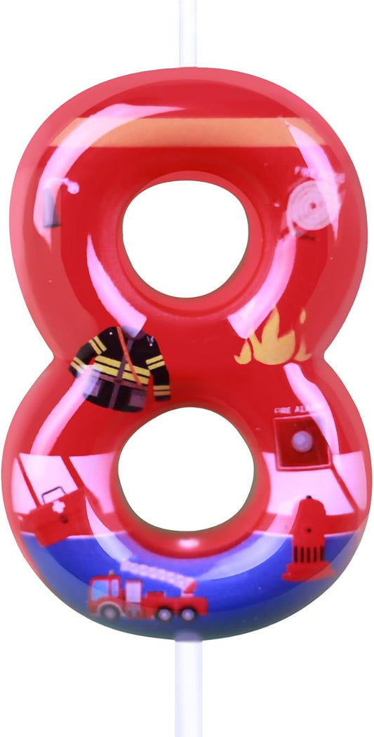 Number 8 Candle, Firetruck Fireman Cake Decoration, 8th Birthday Candle Birthday Party Supplies Firefighter Themed Cake Topper Decorations for Kids Boy Girl Party Decor (red, Number 8)