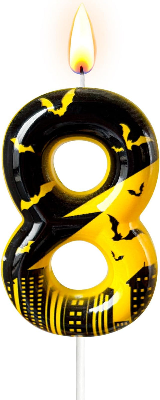 Black Yellow Number 8 Birthday Candle for Cake – Dark Night Hero Style with Bat & City Silhouette Design – Unique Cake Topper for Birthday, Anniversary, Themed Party Decoration