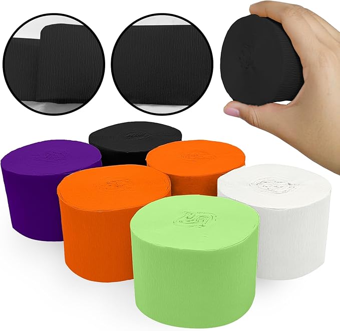 6 Crepe Paper Streamers Rolls, 492ft Black Orange Purple Green and White Streamers Party Supplies for Halloween Theme Horror Party Birthday Wedding Backdrop Decorations (1.8 inch x 82 ft/Roll)