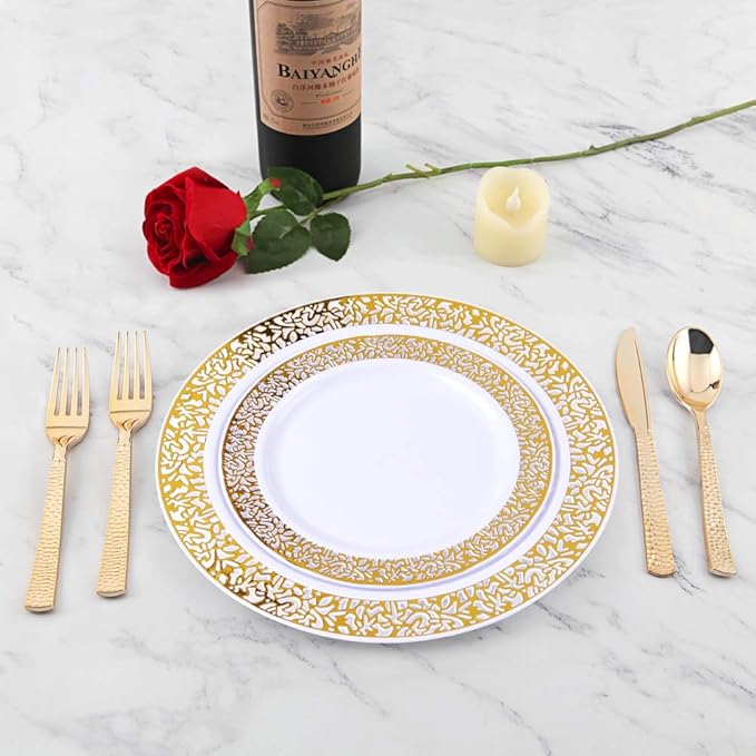 Supernal 360pcs Gold Plastic Silverware Set - Heavy Duty Disposable Cutlery (120 Forks, 120 Spoons, 120 Knives) - Elegant Hammered Finish, Premium Plastic Flatware for Weddings, Parties & Catering