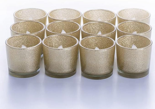 Gold Votive Candle Holders, BeMoment Glitter Glass Tealight Candle Holder for Christmas, Wedding Decor and Home Decor, Festival, Xmas, Holiday, Set of 12(2”×2”)