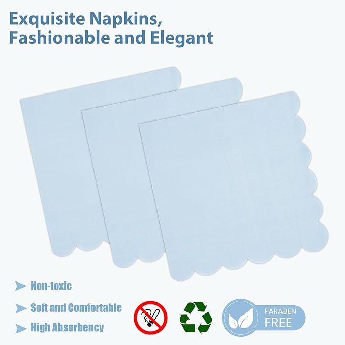75 PCS Blue Paper Plates and Napkins Party Supplies, Light Blue Scalloped Plates Napkins Forks Disposable Tableware Set for Bridal Baby Shower Wedding Birthday Party Decorations