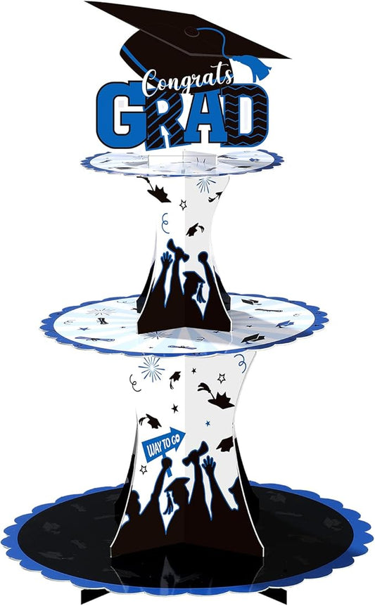 Nuenen Graduation Cupcake Holder Decoration 3 Tier Congrats Grad Party Cupcake Stand Tower Cardboard Grad Theme Dessert Stand for Graduation Party Supplies Favors(Blue and Black)