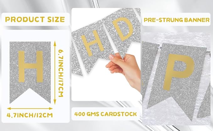 Silver Happy Birthday Banner - 16 ft Pre-Strung Gold & Silver Birthday Party Decorations Sign for Girls, Boys, Kids, Women - No DIY Hanging Backdrop for Indoor & Outdoor Celebrations