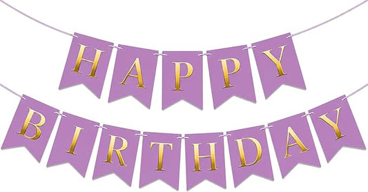 Happy Birthday Banner Birthday Party Banner NO DIY Happy Birthday Sign Pre-Strung Birthday Hanging Decoration for Women Men Girl Boy Party Supplies (Purple and Gold)