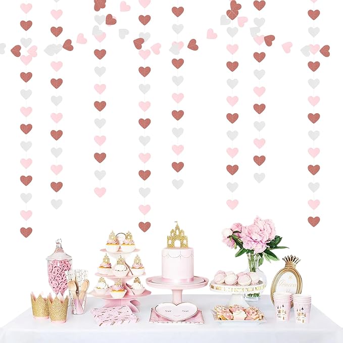 Pink-White Rose-Gold Valentines Party-Decorations Heart-Garland - 52ft Galentines Women Streamers Banner,Romantic Special Night Wedding Bachelorette Bridal Shower Birthday Backdrop Decor Burgleda