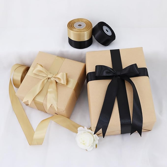 TONIFUL 1 Inch 5 Rolls Black Gold Ribbon, Graduation Satin Ribbon for Gifts Wrapping, Flower Bouquets, Bows Making, Crafts, Birthday, Graduation Leis, Christmas Party Decorations(25 Yards/Roll