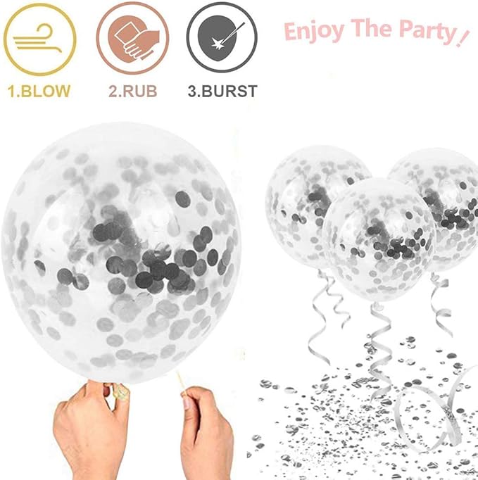 White Silver Confetti Latex Balloons, 50 Pack 12inch Silver Metallic Party Balloon Set with Silver Ribbon for Wedding Birthday Baby Shower Decorations