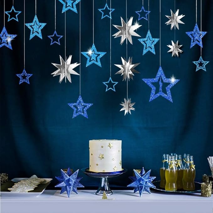 Decor365 Blue Star Garland 3D Hanging Twinkle Little Star Decorations Glittery Navy Blue Party Supplies for Baby Shower, Birthday New Year Eve Graduation Christmas Ramadan Galaxy Theme Star Decor