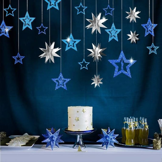 Decor365 Blue Star Garland 3D Hanging Twinkle Little Star Decorations Glittery Navy Blue Party Supplies for Baby Shower, Birthday New Year Eve Graduation Christmas Ramadan Galaxy Theme Star Decor