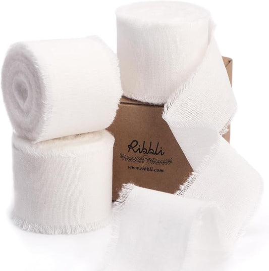 Ribbli 3 Rolls White Ribbon 1.5 Inch x 18Yards Handmade Cotton Frayed Fringe Ribbons for Gift Wrapping Wedding Invites Bridal Bouquets Baby Shower DIY Crafts Home Decor