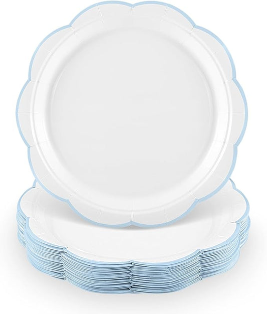 NatNarr 30 Pcs Blue and White Paper Plates, 7 Inch White Plates with Blue Trim Scalloped Paper Plate Disposable for Baby Shower, Wedding, Bridal Shower, Birthday