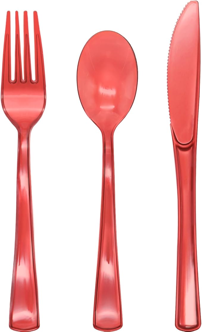 150 Pack Red Plastic Silverware, Red Utensils Heavy Duty, Disposable Plastic Cutlery Include 50 Forks, 50 Spoons, 50 Knives for Birthday, Party, Christmas, New Year