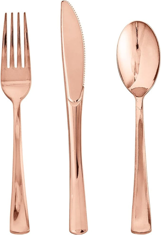 FOCUSLINE 75 Pack Rose Gold Plastic Silverware Disposable Cutlery Set - 25 Forks Knives Spoons - Disposable Flatware Heavy Duty Plastic Utensils Set for Catering, Parties, Dinners, Weddings