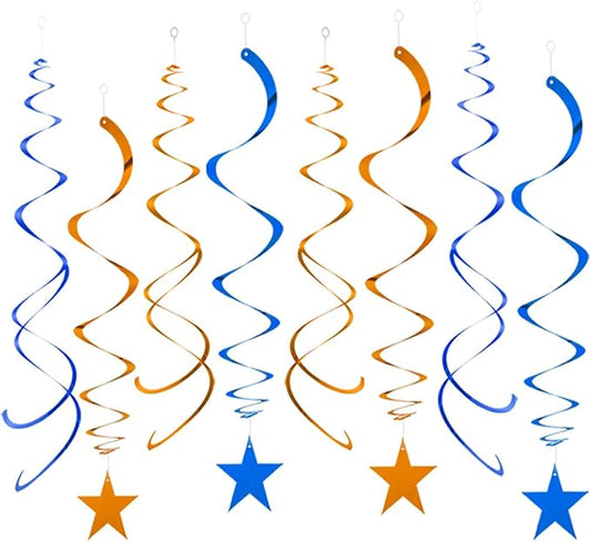 GAKA Blue and Orange Foil Hanging Ceiling Swirls Garland,Star Swirl Streamer Decorations for Birthday,Anniversary,Graduation Party Supplies(24Pcs)
