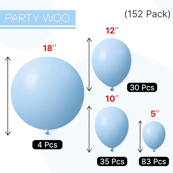 PartyWoo Light Blue Balloons 152pcs Different Sizes of 18 12 10 5 Inch Baby Pastel Sky Aqua Blue Balloon Arch Kit Garland for Birthday Gender Reveal Baby Shower Graduation Party Decorations Blue-Y4