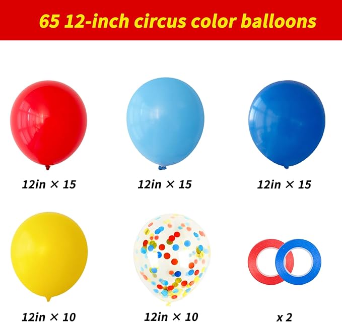 RUBFAC Carnival Circus Balloon Kit, Red Yellow and Blue Primary Balloons 12in with Rainbow Confetti Balloons for Birthday Party Carnival Theme Back to School Party Decorations, 65pcs