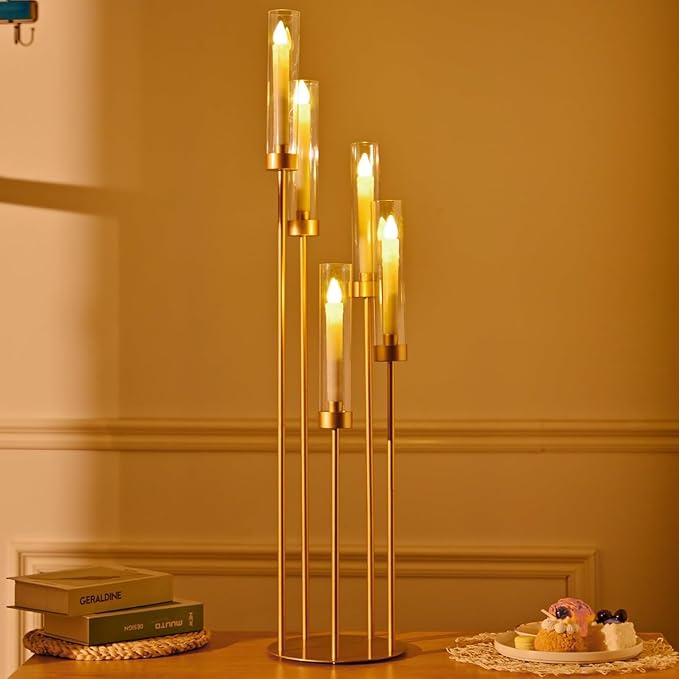 6PCS 5 Arm Candle Holder for Wedding Table,39.4'' Tall Gold Floor Candelabra with Acrylic Lampshade for Birthday Party Home Decoration,Fit LED Taper Candles