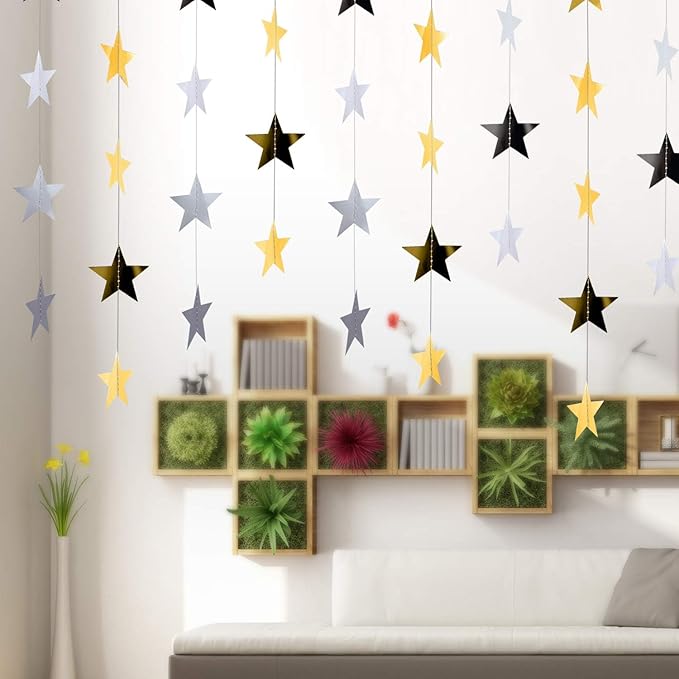 Patelai 130 Feet Glitter Star Garland Banner 2026 Party Decoration Double Side Star Hanging String Streamer Paper Twinkle for Graduation Wedding Birthday (Gold and Silver)
