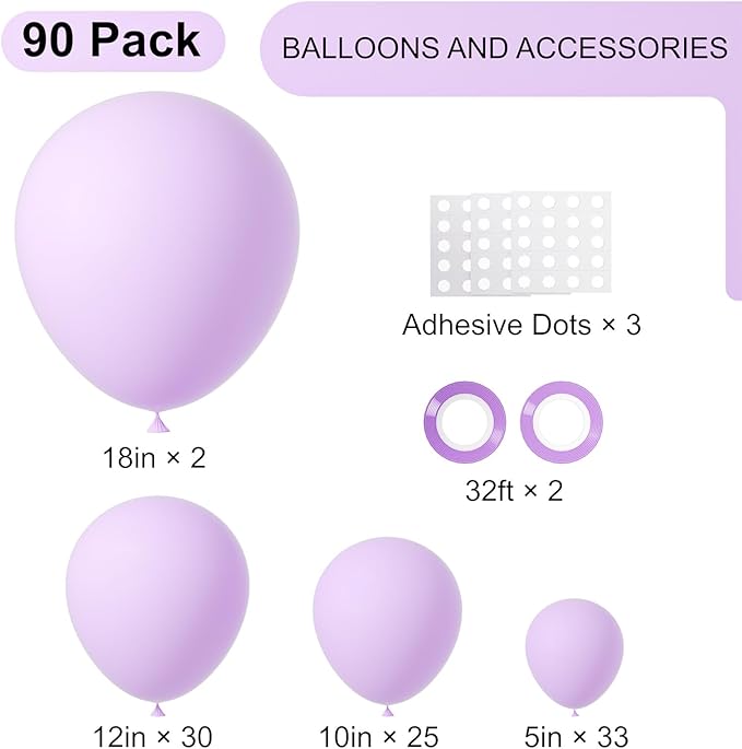 Voircoloria 90pack Pastel Purple Balloons Different Size 18/12/10/5 Inch Pastel Purple Balloon Garland Arch Kit for Graduation, Wedding, Birthday, Baby Shower, Anniversary, New Year Party Decorations