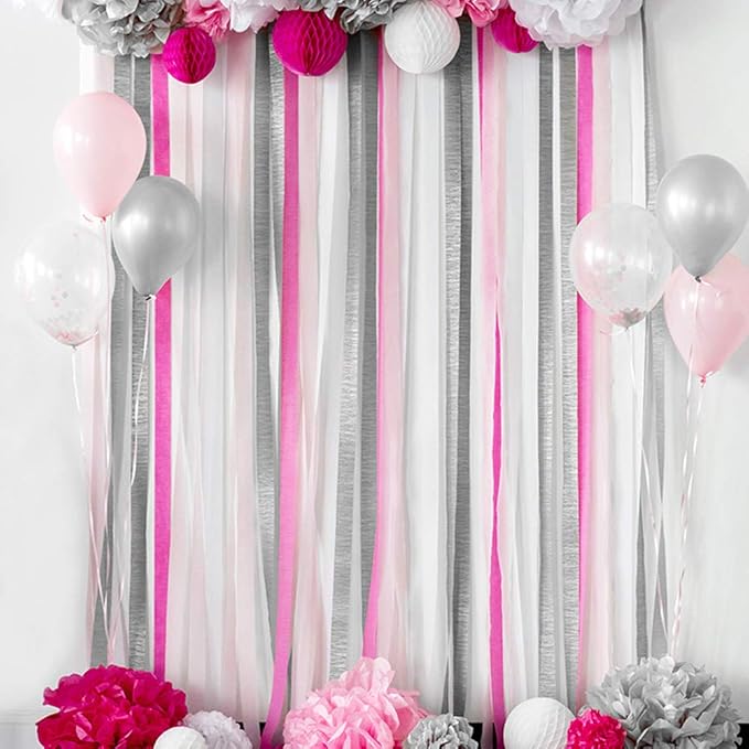 8 Rolls Silver Crepe Paper Streamers, Wedding Birthday Baby Shower Christmas New Year Party Decoration, Graduation, 4th of July, Rainbow DIY Supplies, Living Room Bedroom Decor