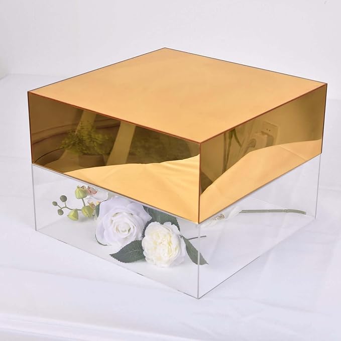 Efavormart 14"x14" Gold Acrylic Cake Box Stand, Mirror Finish Display Pedestal Riser with Hollow Bottom, Elegant Cake Support for Weddings, Galas, and Sophisticated Party Events