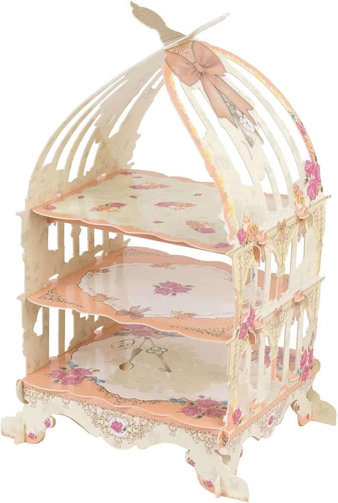 Efavormart 3 Tier White Peach Birdcage Cardboard Cupcake Stand with Floral Print, Cake Display Dessert Holder - 18"