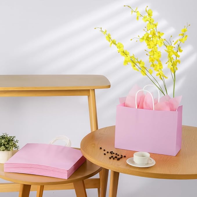 SUNCOLOR Paper Gift Bags with Handles, Pink, 13x10x5.5 Inch, Large Size, 25 Pack, for Birthday, Wedding, Shopping