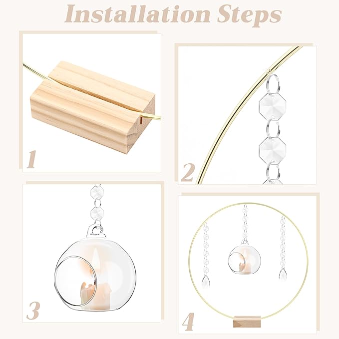 Leinuosen 12 Pack 12'' Metal Floral Hoop Centerpieces Set with Wooden Stand, Hanging Candle Holder, Acrylic Crystal Pendant Garland Crystal Garland String, for DIY Wedding Party Tabletop Decoration