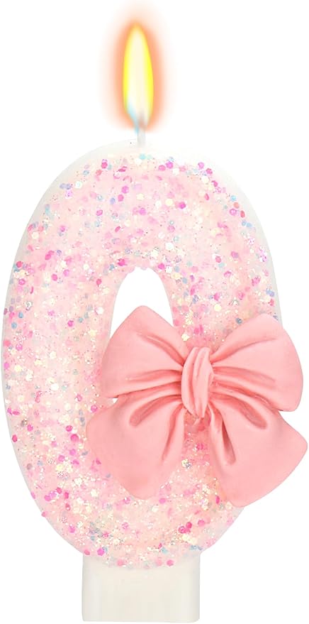 Birthday Candle for Cake, 0 Candle - Pink Glitter with Bowknot, 2.76 inch Happy Birthday Candle, Cake Topper Decoration for 10 20 30 40 50 60 70 Years Old Birthday Party (Number 0)