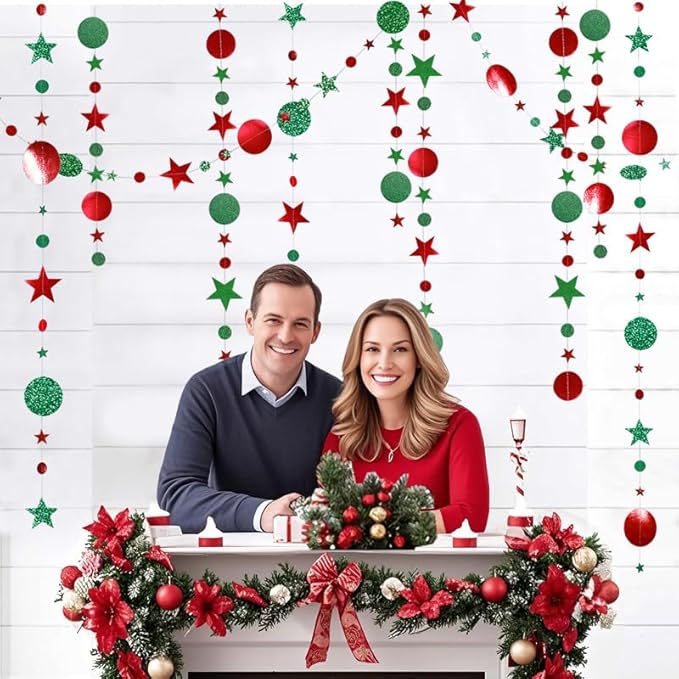 Red and Green Party Decoration Red and Green Star Circle Dot Hanging Garland Streamer Decorations Glitter Star Bunting Banner Twinkle Backdrop for Christmas Engagement Wedding Baby Shower Birthday