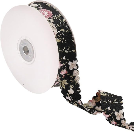 10 Yards 1.5 Inch Spring Summer Flower Floral Printed Ribbons Bloom Black Wavy Edge Trim Scalloped Print Chiffon Trims Polyester Fabric Grosgrain Ribbon for Sewing Making Crafts DIY Wedding