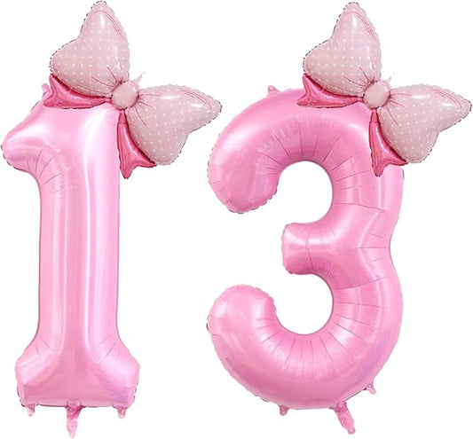40 inch Number 13 Balloon with Bow Pink Happy Birthday Jumbo Number Balloons for Girls Daughter Birthday Decorations Party Supplies (Pink Number 13)