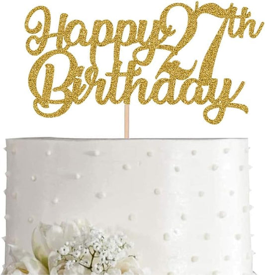 27th Birthday Cake Topper, Gold Glitter Cheers To 27 Years Party Decoration, Supply