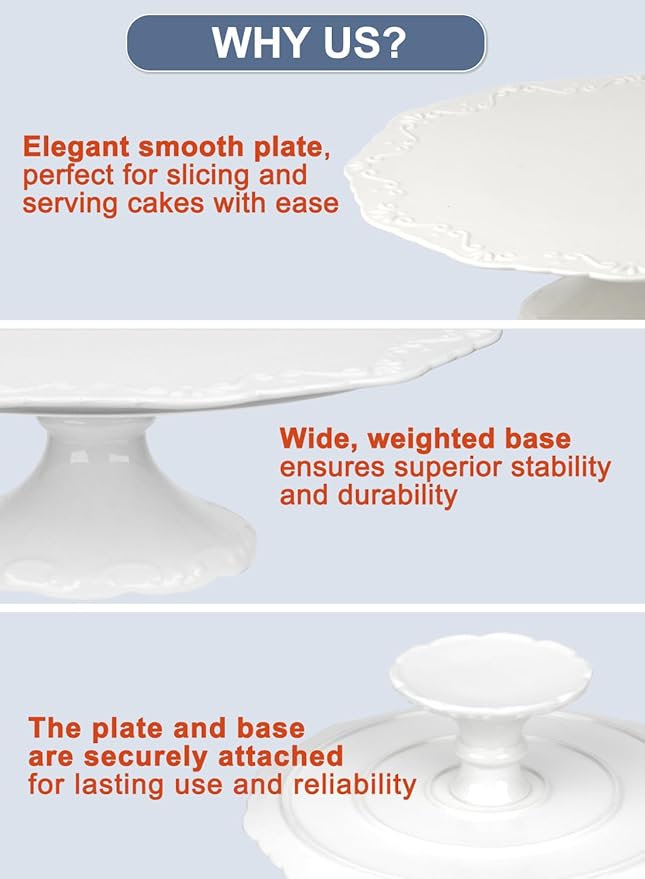 12" White Cake Stand for 10" Cake, Porcelain Cake Plate, Cake Pedestal Stand, Round Dessert Stand, Wedding Cake Stand for Party, Birthday, Baby Shower, Christmas, Mother's Day, Home Decorating Cake Display Stand