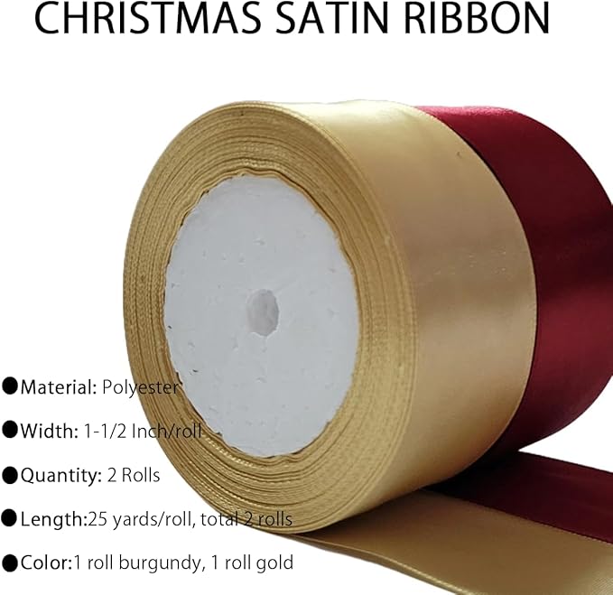 Gold Christmas Ribbon, Gold Burgundy Satin Ribbon 1-1/2 Inch 50 Yards Fabric Ribbons for Christmas Party Decorations, Gift Wrapping, Tree Ornaments, Bouquets, Door Wreaths, Bows Making and DIY Crafts